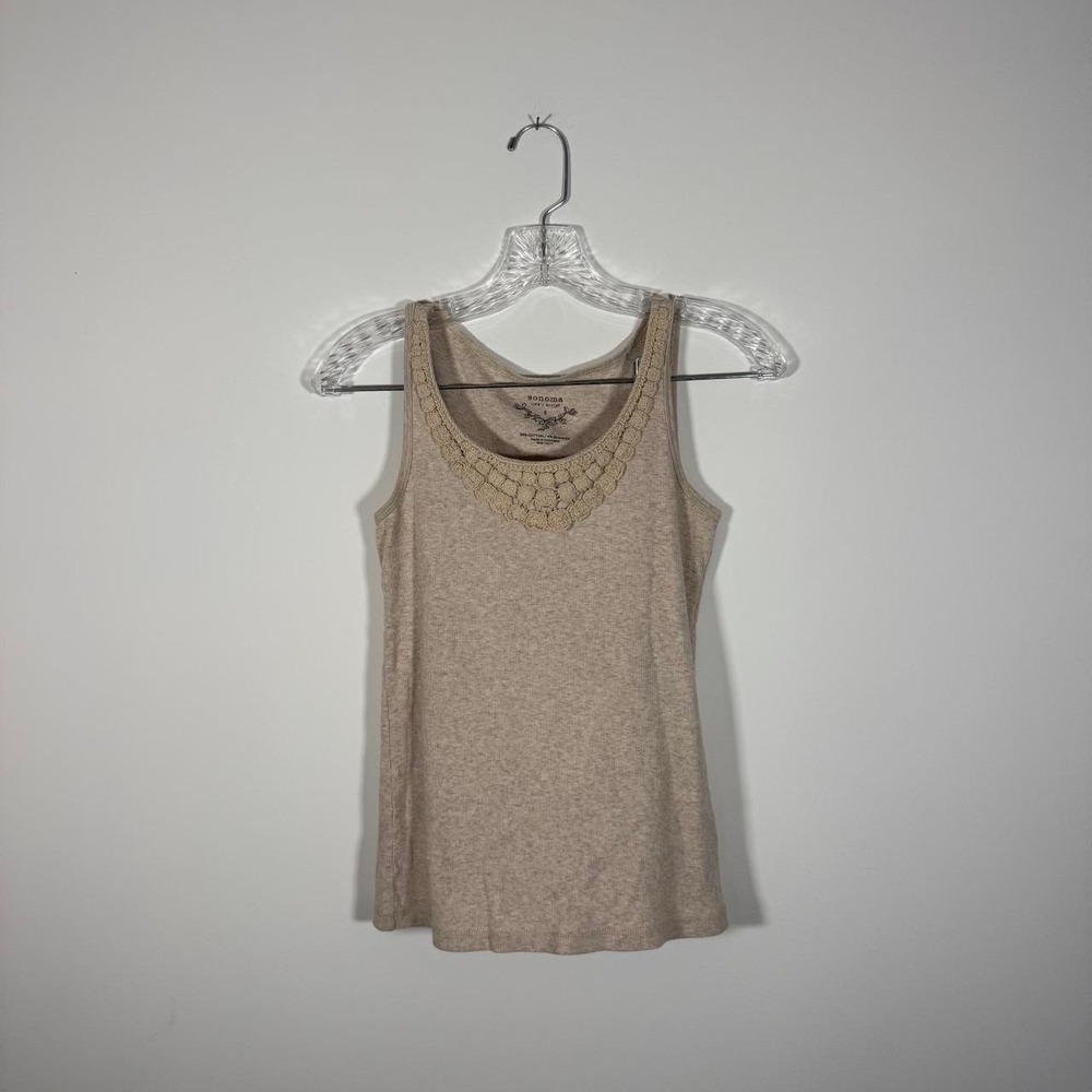Y2K tan tank top with floral trim
